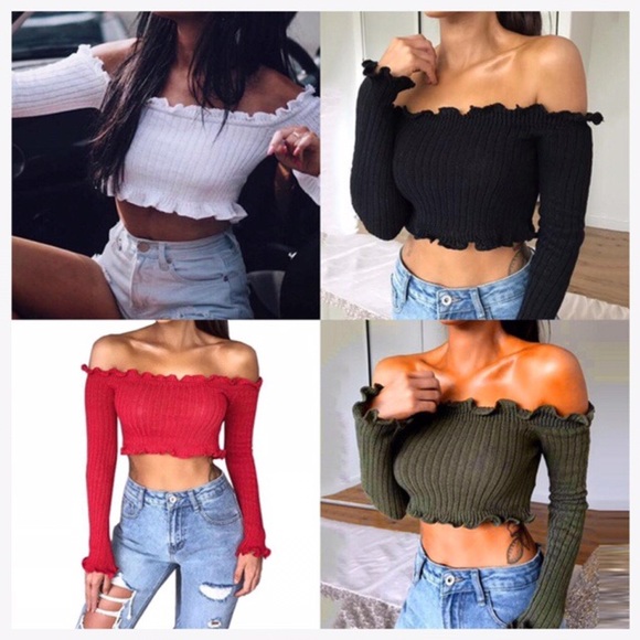 OFF SHOULDER RUFFLE LONG SLEEVE CROP TOP SIZE M - Picture 4 of 8